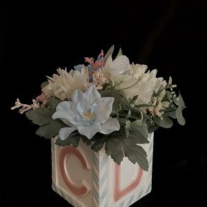 Baby block vintage ceramic planter with removable silk flower - for boy or girl